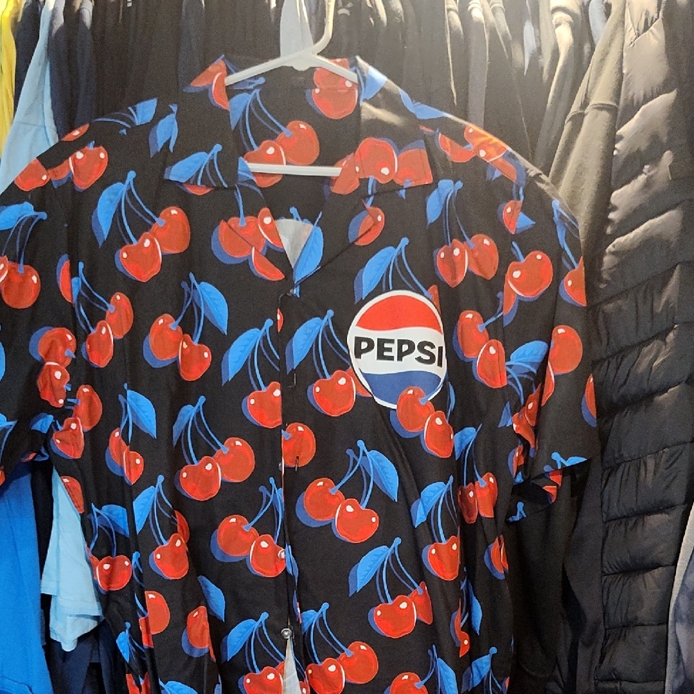 Pepsi Black and Blue Casual Button Down Shirt Cherry Print